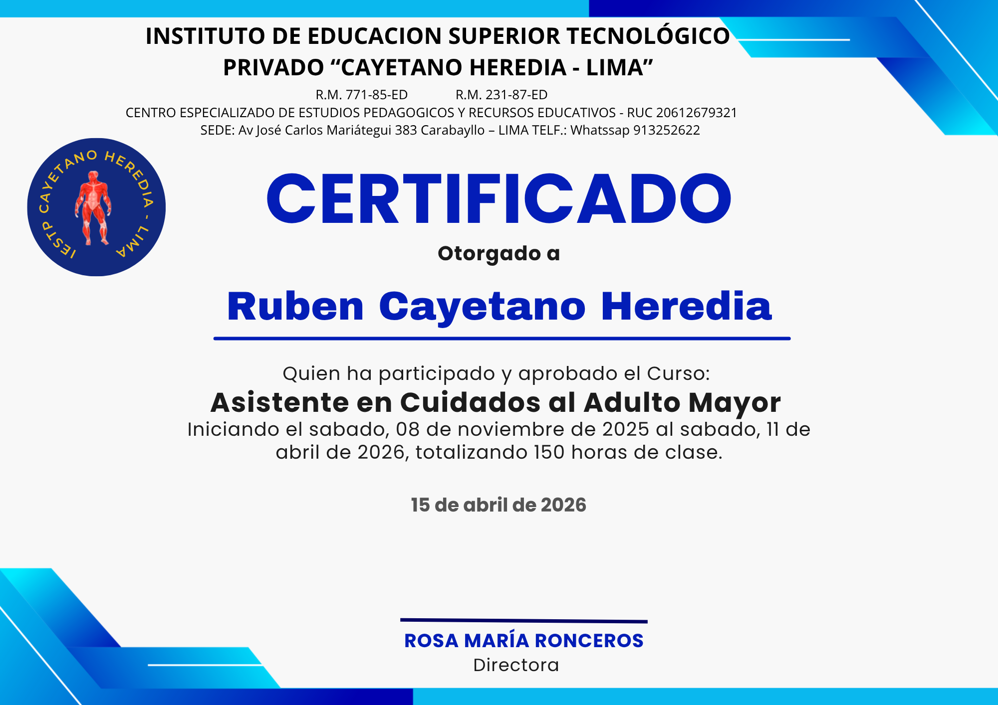 Anverso del certificado